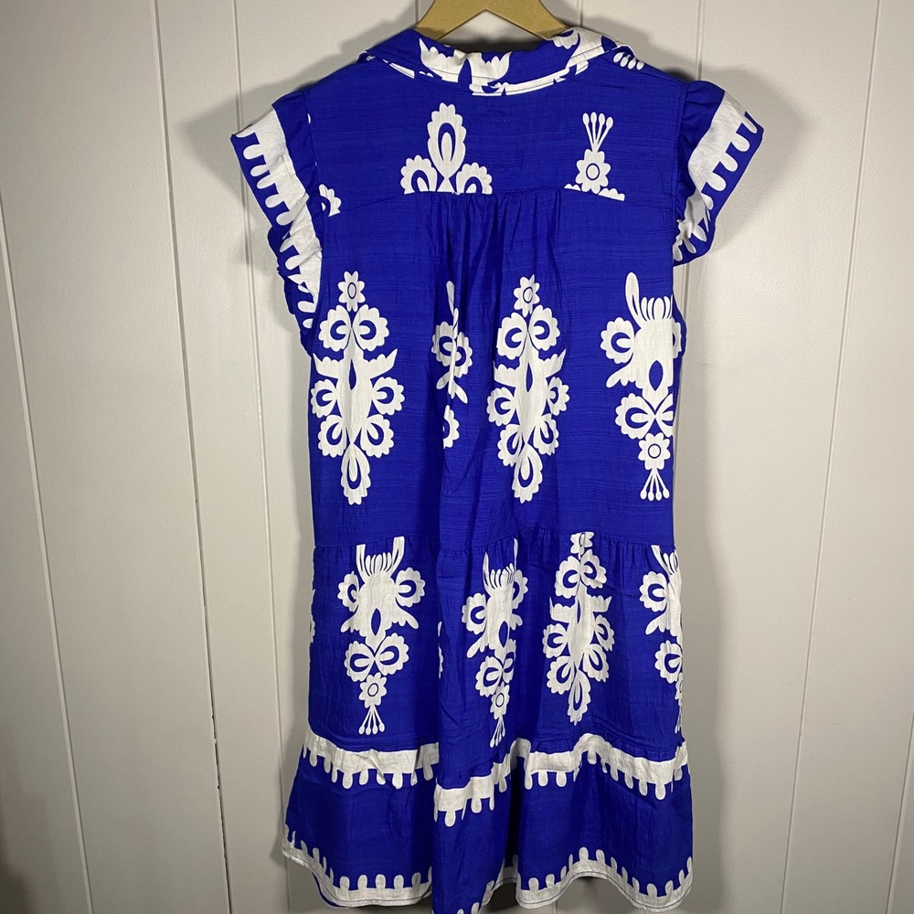 NWT Umgee Blue Medallion Tiered Babydoll Mini Dress Ruffle Sleeve Womens Medium - Picture 7 of 9